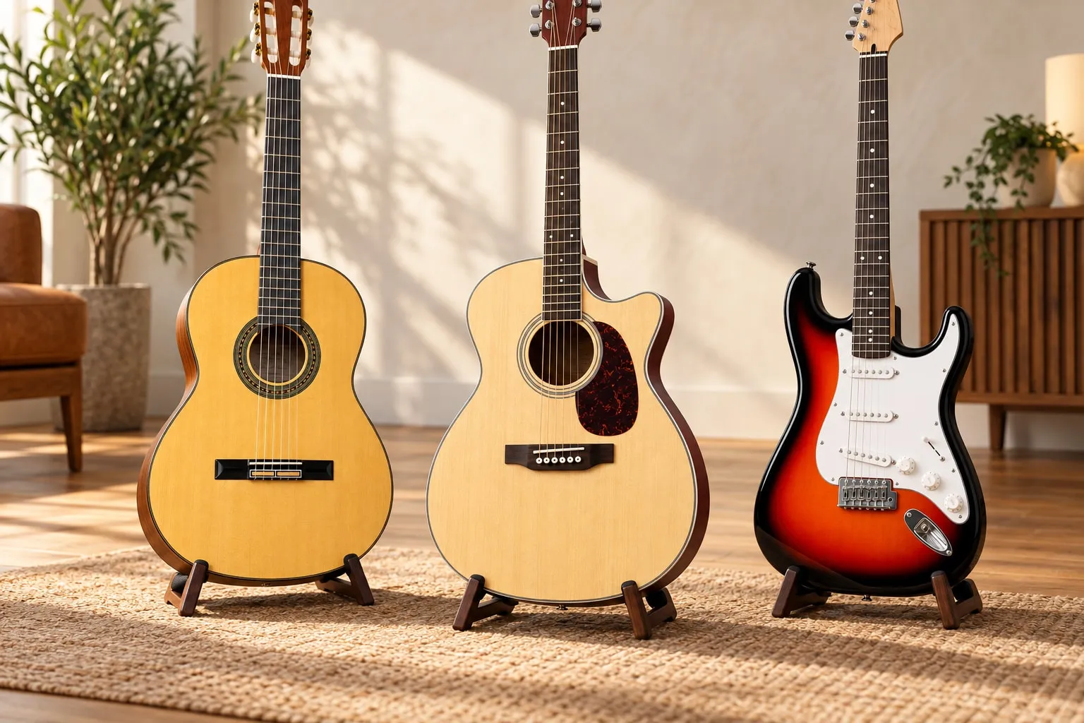 Nashville classical, acoustic and electric guitars on stands in a sunlit room